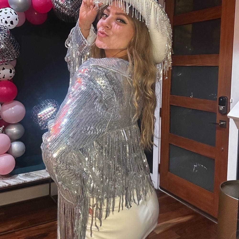 Metallic silver sequin fringe jacket